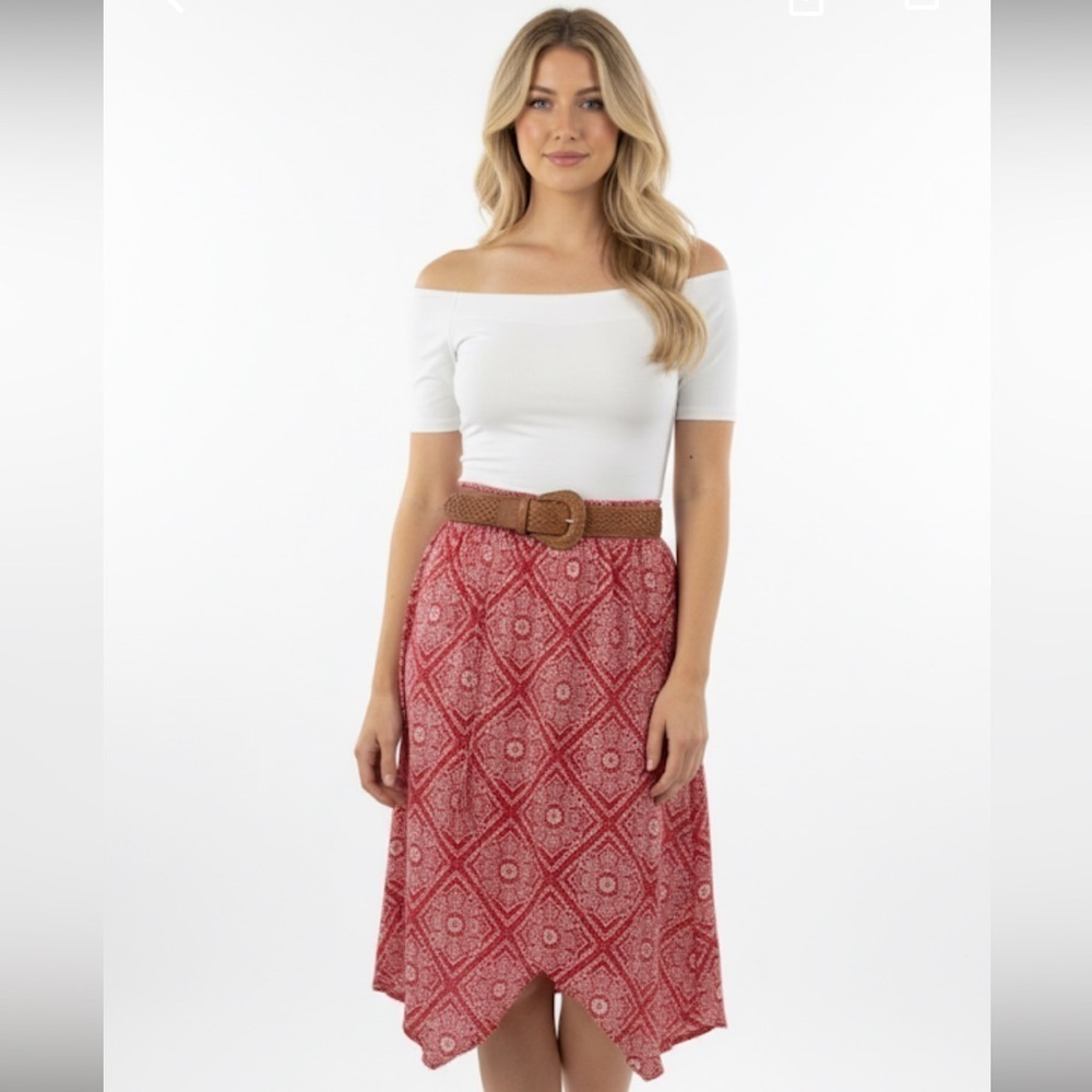 Faded Glory Red A-Line Skirt with braided boho belt size 4-6 new without tags